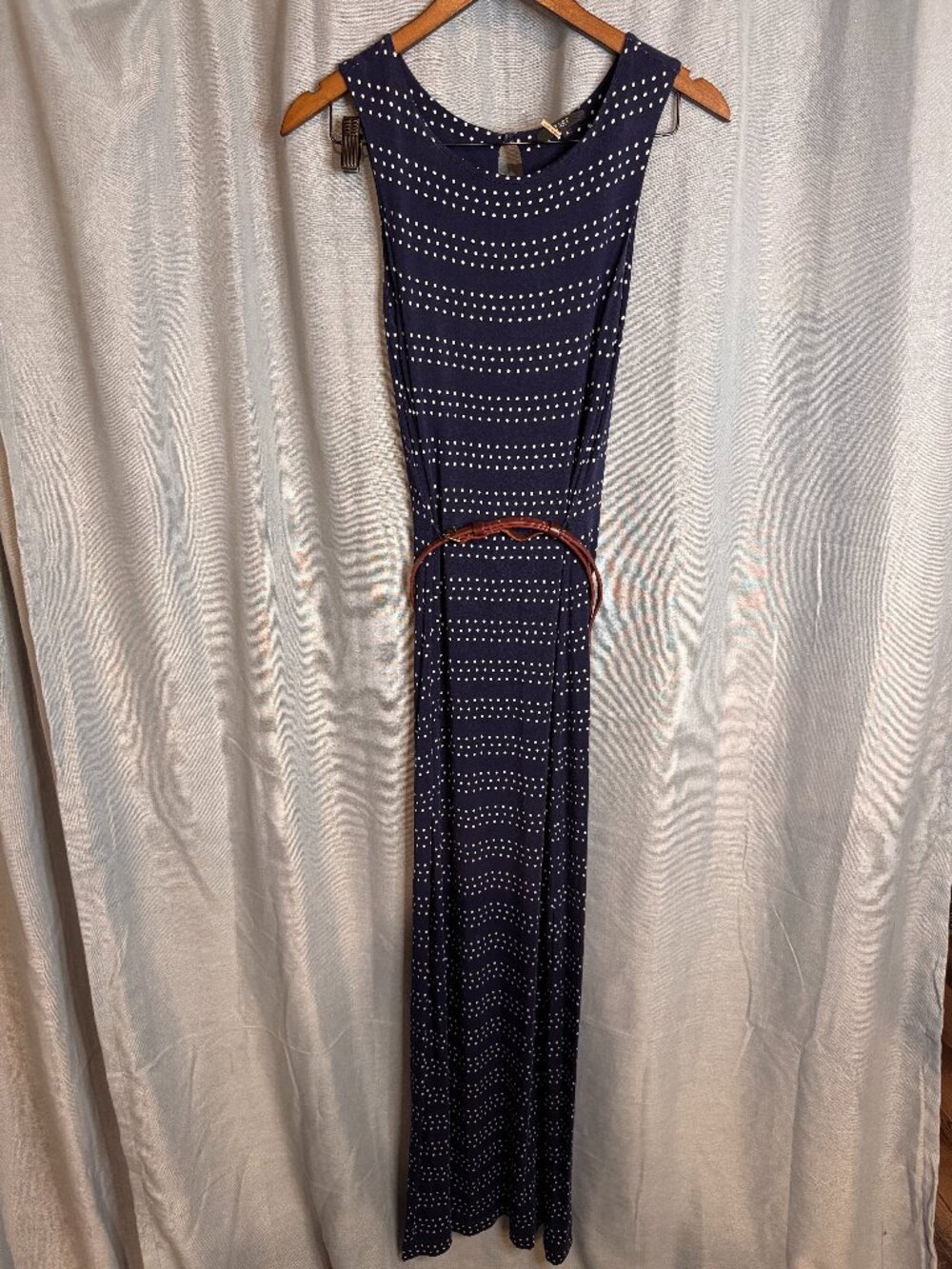 Tart Navy Blue White Polka Dot Sleeveless Maxi Dress Small w/ Belt